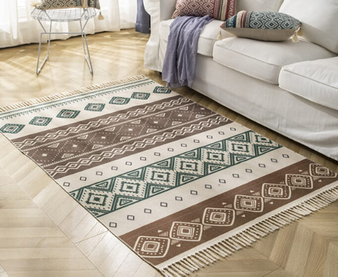 Green Brown Rhombus Geometry Pattern Cotton Area Rug with Tassel Hand Woven Floor Carpet Rug for Bedroom Living Room