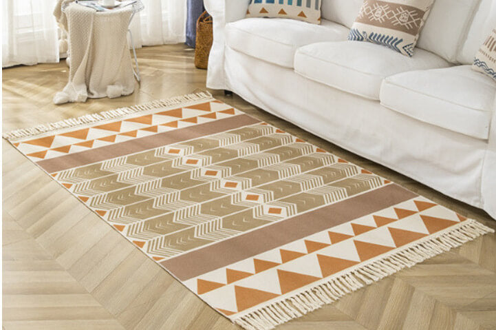 Brown Geometry Pattern Cotton Area Rug with Tassel Hand Woven Floor Carpet Rug for Bedroom Living Room