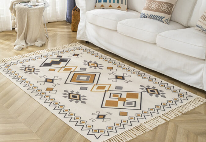 Yellow Diamond Shape Pattern Cotton Area Rug with Tassel Hand Woven Floor Carpet Rug for Bedroom Living Room