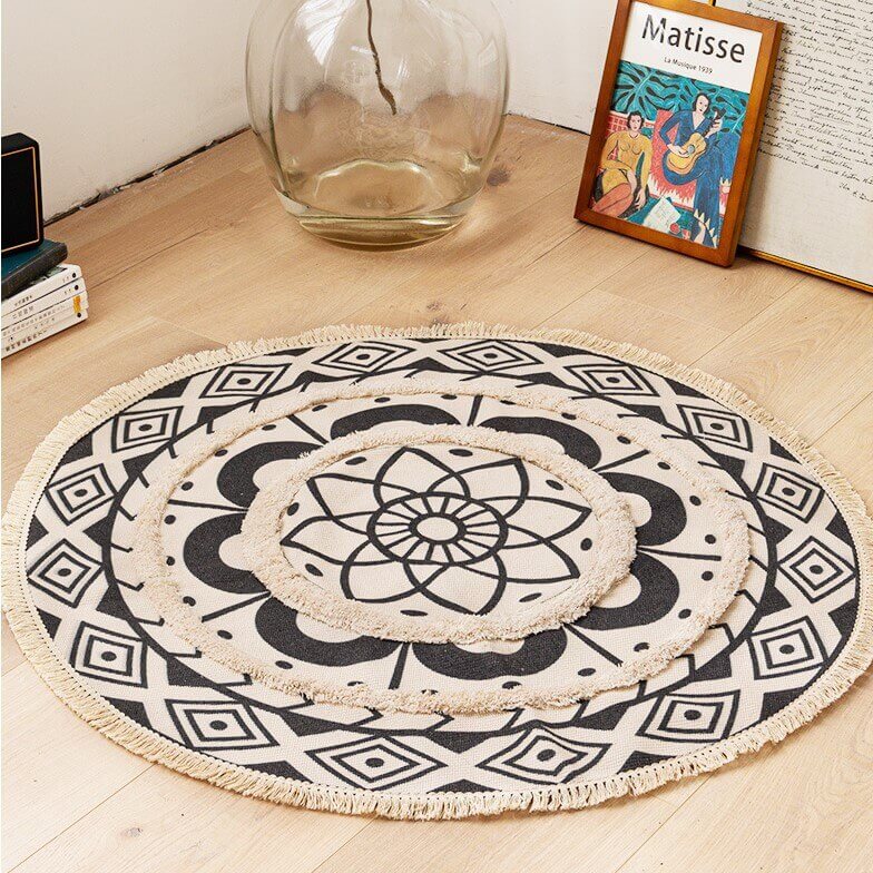 Round Morocco Flower Pattern Cotton Area Rug with Tassel Hand Woven Machine Washable Floor Carpet Rug for Living Room Bedroom