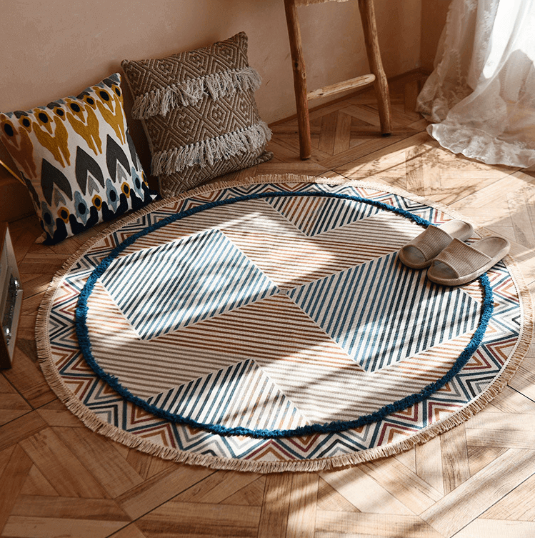 Round Blue Stripe Cotton Area Rug with Tassel Hand Woven Machine Washable Floor Carpet Rug for Living Room Bedroom