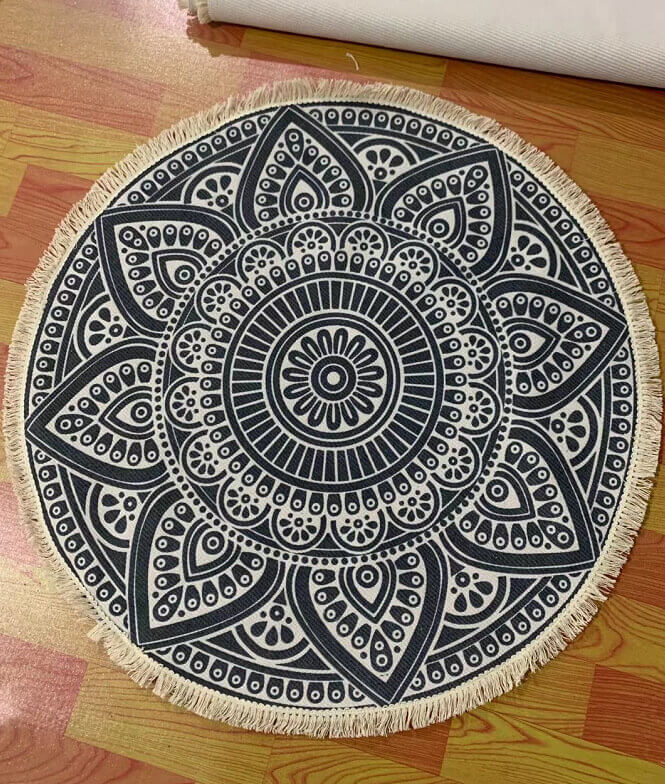 Round Black Printed Cotton Area Rug with Tassel Hand Woven Machine Washable Floor Carpet Rug for Living Room Bedroom