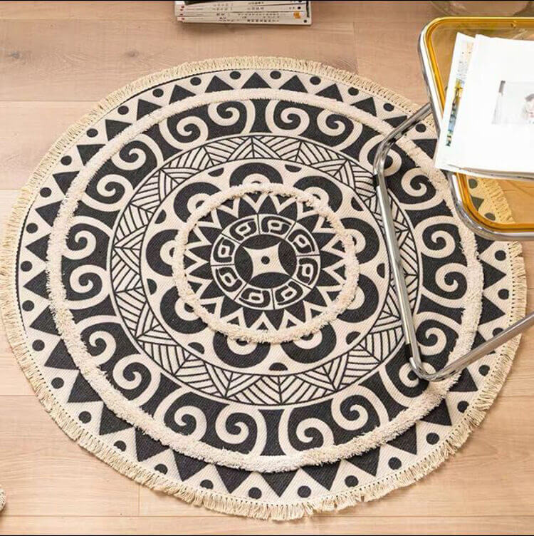 Black Round Geometric Printed Cotton Area Rug with Tassel Hand Woven Machine Washable Floor Carpet Rug for Living Room Bedroom