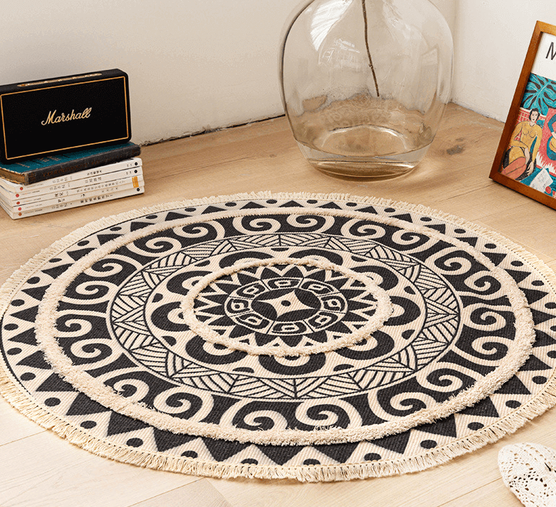 Black Round Geometric Printed Cotton Area Rug with Tassel Hand Woven Machine Washable Floor Carpet Rug for Living Room Bedroom
