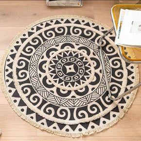 Black Round Geometric Printed Cotton Area Rug with Tassel Hand Woven Machine Washable Floor Carpet Rug for Living Room Bedroom
