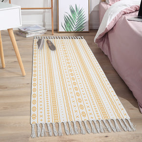 Yellow Morocco Pattern Cotton and Linen Area Rug with Tassel Hand Woven Floor Carpet Rug for Living Room Bedroom