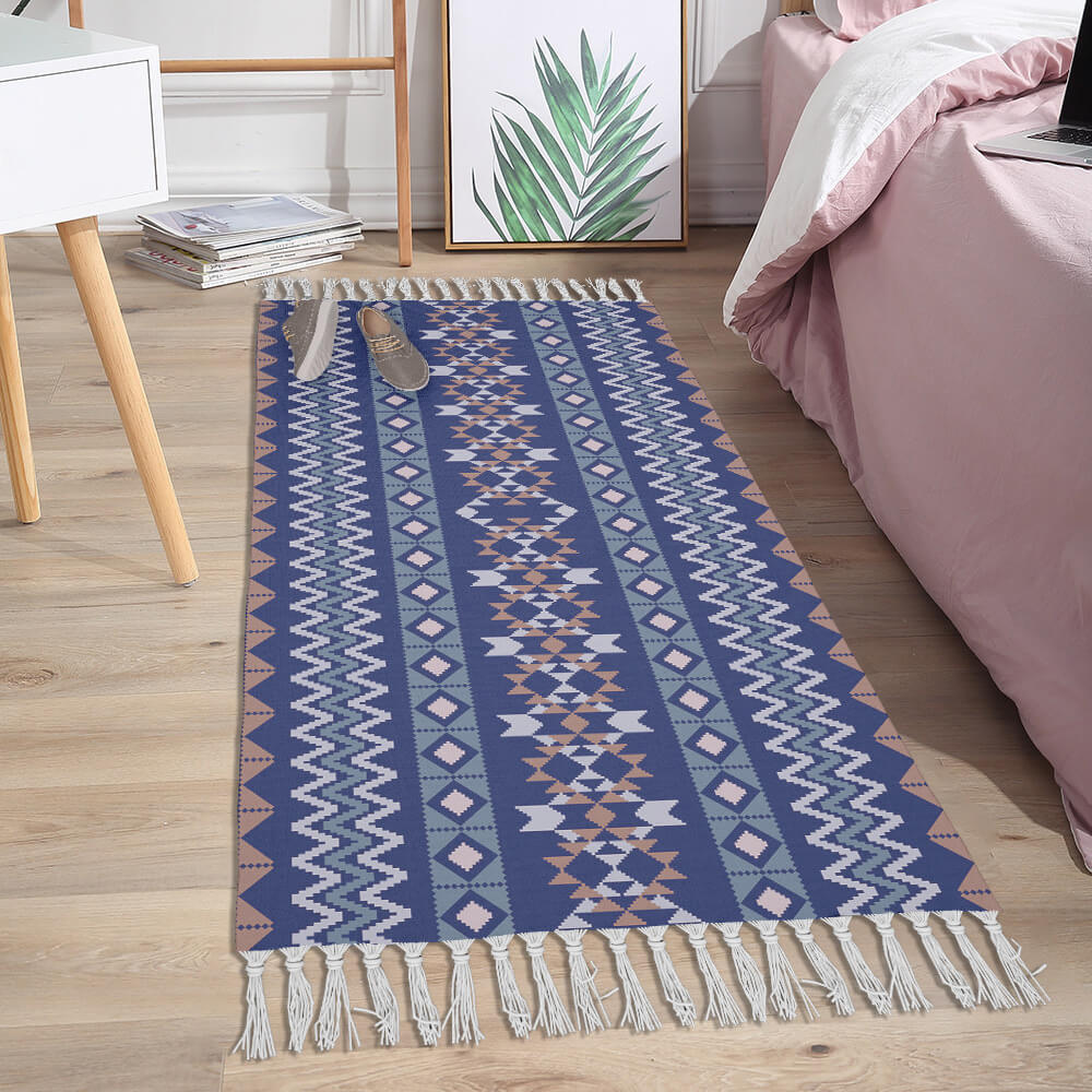 Blue Morocco Pattern Cotton and Linen Area Rug with Tassel Hand Woven Floor Carpet Rug for Living Room Bedroom