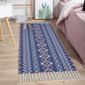 Blue Morocco Pattern Cotton and Linen Area Rug with Tassel Hand Woven Floor Carpet Rug for Living Room Bedroom