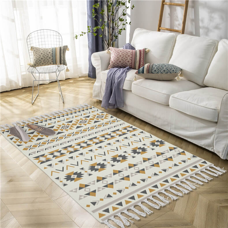 Triangle Geometric Pattern Cotton and Linen Area Rug with Tassel Hand Woven Floor Carpet Rug for Living Room Bedroom