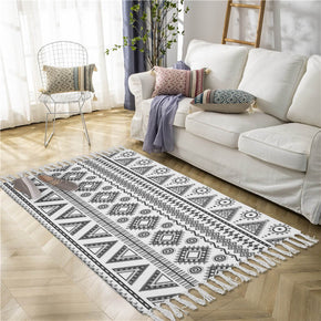 Black Geometric Cotton and Linen Area Rug with Tassel Handwoven Floor Carpet Rug for Living Room Bedroom