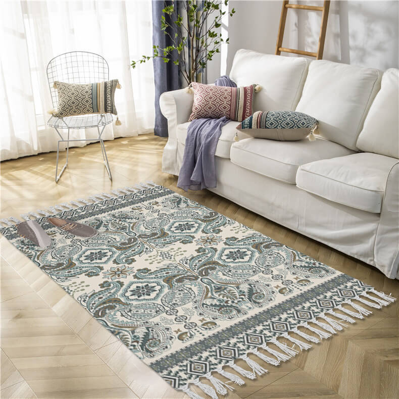 Classical Printed Patterns Cotton and Linen Area Rug with Tassel Handwoven Floor Carpet Rug for Living Room Bedroom 04