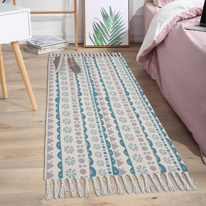 Blue Round Semicircle Moroccan Pattern Cotton and Linen Area Rug with Tassel Handwoven Floor Carpet Rug for Living Room Bedroom