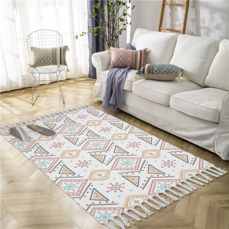 Diamond Geometric Pattern Cotton and Linen Area Rug with Tassel Handwoven Floor Carpet Rug for Living Room Bedroom