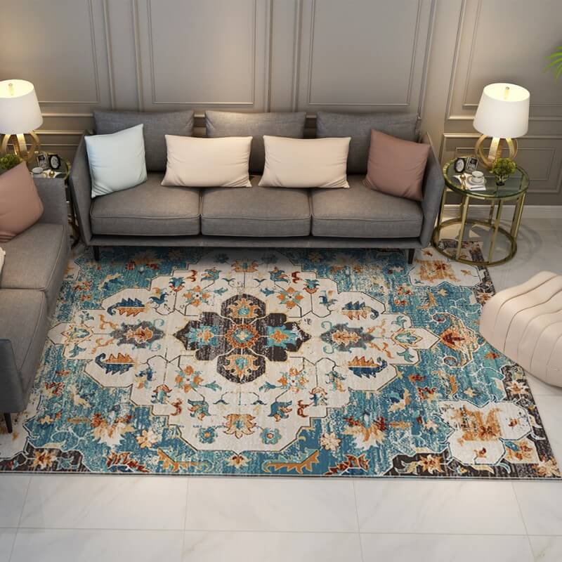 Pretty Blue Traditional Printed Faux Cashmere Shaggy Rugs For Living Room Bedroom Hall Carpet