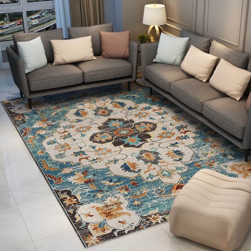 Pretty Blue Traditional Printed Faux Cashmere Shaggy Rugs For Living Room Bedroom Hall Carpet