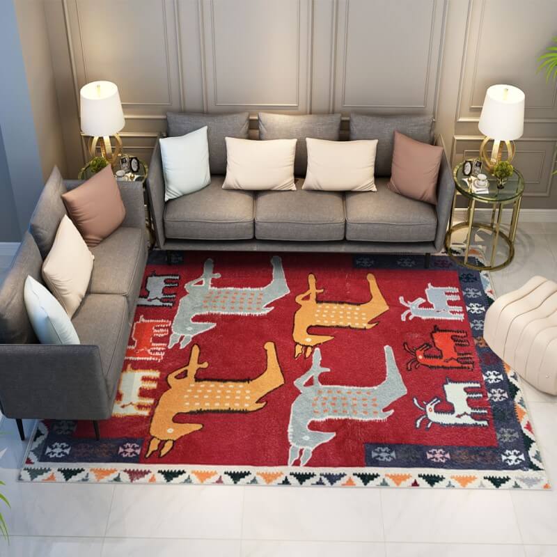 Red Lovely Animal Picture Faux Cashmere Area Rug Soft Carpets For Bedroom Hall Living Room Office