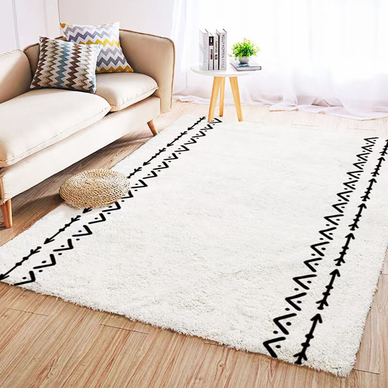 04 White Moroccan Line Geometric Pattern Faux Cashmere Shaggy Area Rugs For Bedroom Living Room Office