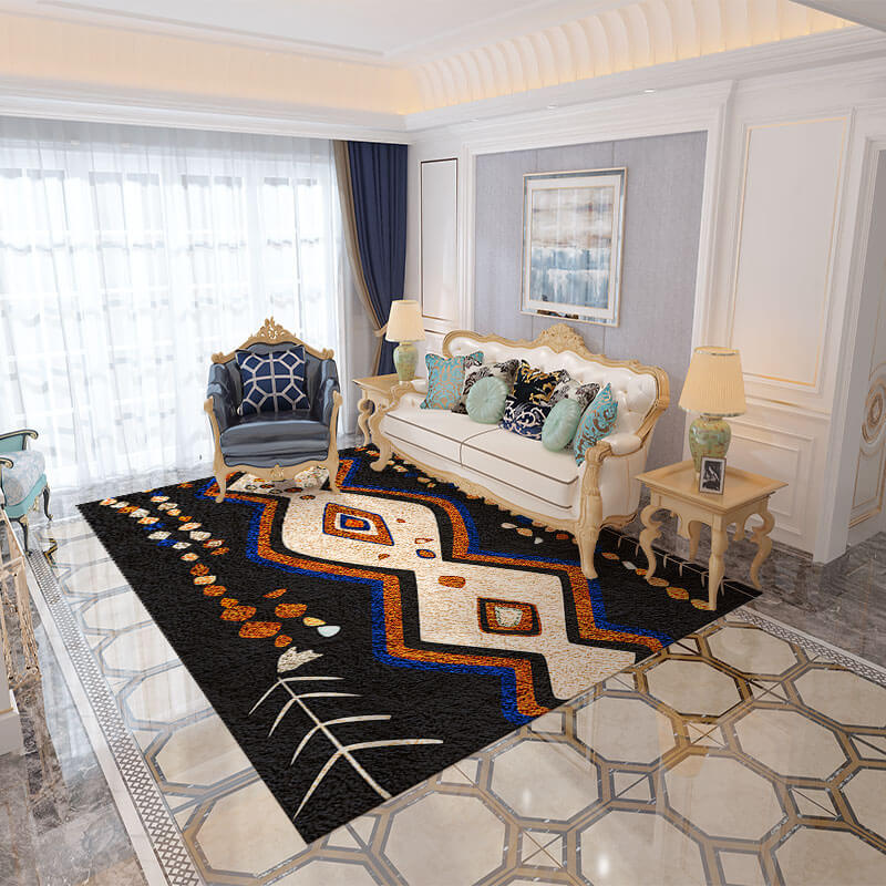 Moroccan Black Pattern Faux Cashmere Area Rugs Living Room Office and Hall Carpets
