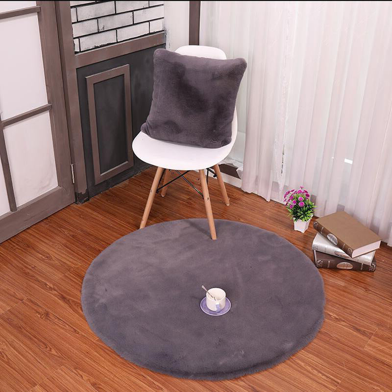 Grey Round Faux Rabbit Fur Plain Shaggy Soft Rugs For Living Room Nursery Bedroom Bedside Rugs Floor Mats