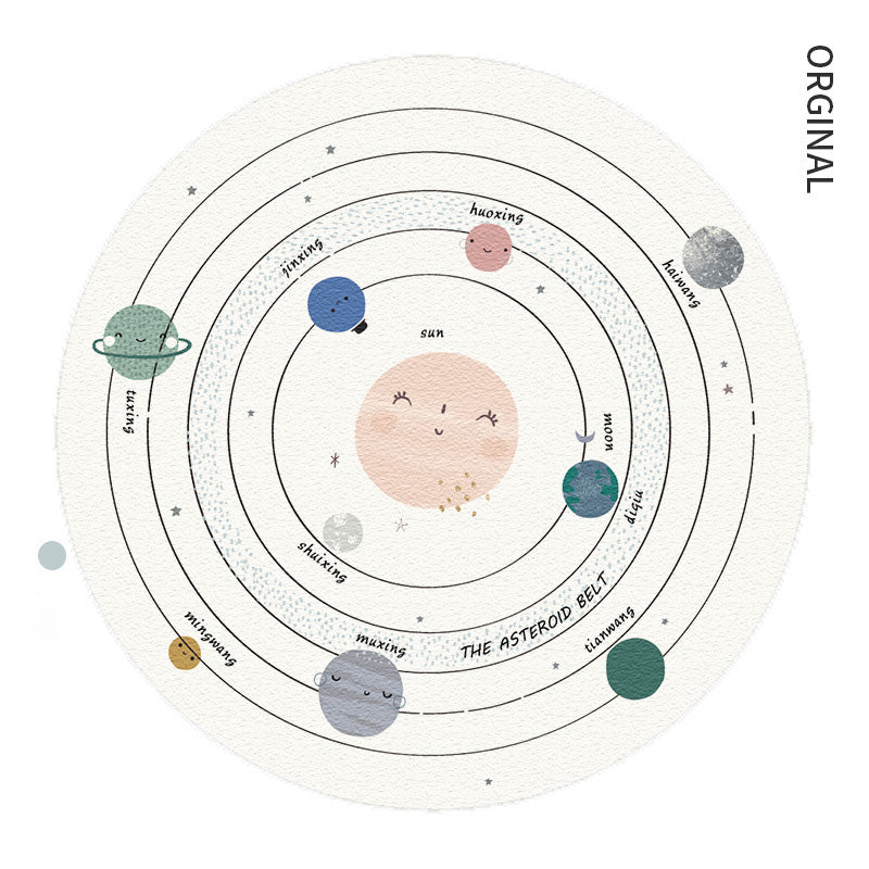 Planet-patterned Round Beige Carpet For Nursery Kids Room Area Rugs
