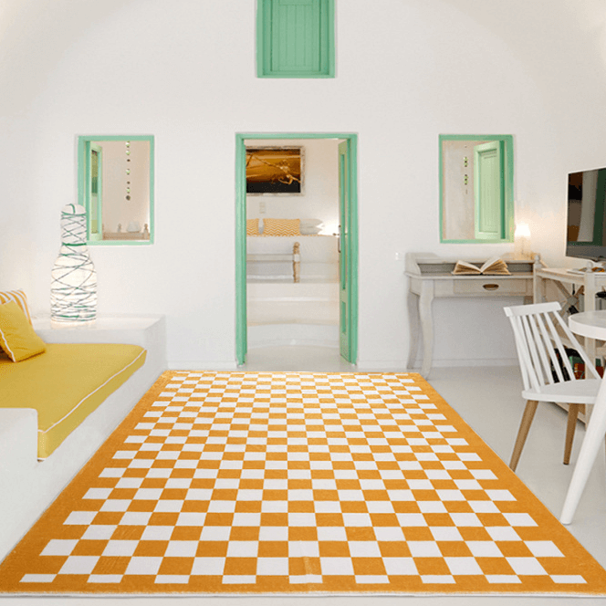 Lively Yellow Checkerboard Pattern Shaggy Rugs For Living Room Bedroom Hall