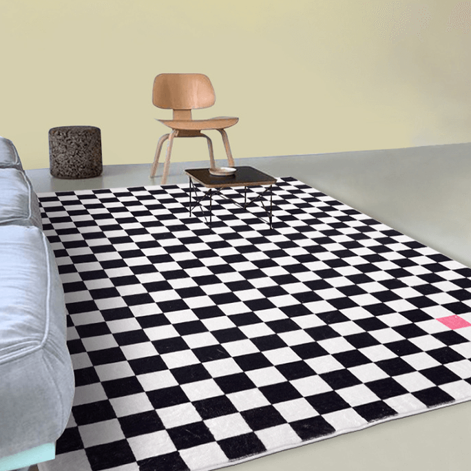 Black Checkerboard Pattern Shaggy Rugs For Living Room Bedroom Hall