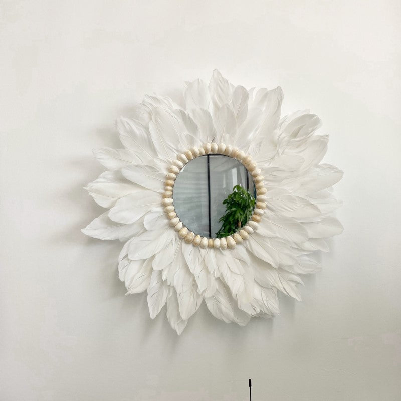 White Handmade Feather Mirror Hanging Ornament Wall Decorations for Bedroom Entryway