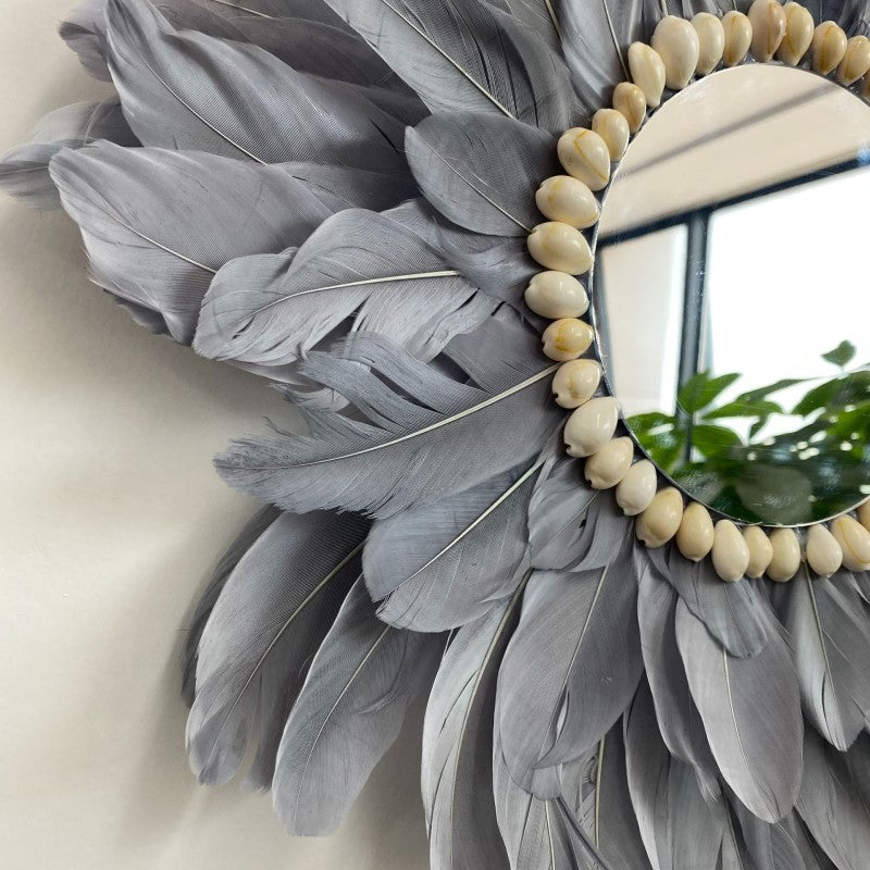 Grey Handmade Feather Mirror Hanging Ornament Wall Decorations for Bedroom Entryway