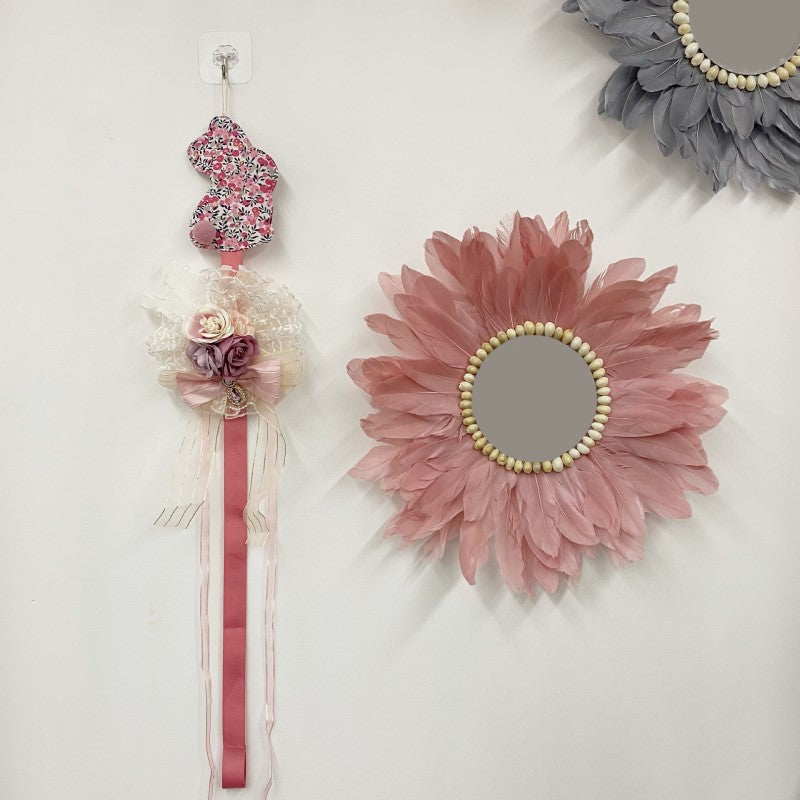 Red Handmade Feather Mirror Hanging Ornament Wall Decorations for Bedroom Entryway