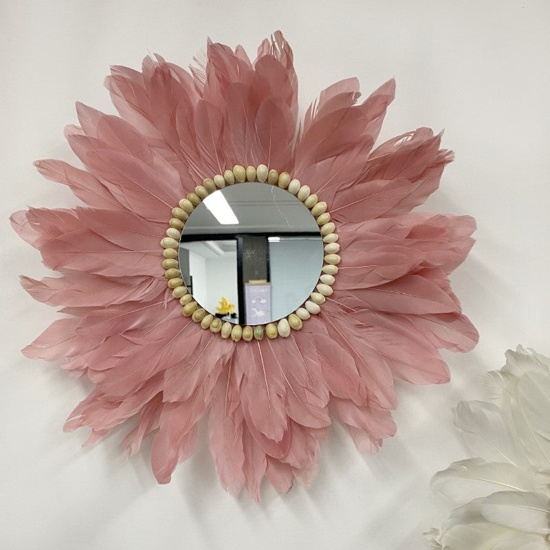 Red Handmade Feather Mirror Hanging Ornament Wall Decorations for Bedroom Entryway