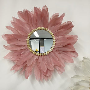 Red Handmade Feather Mirror Hanging Ornament Wall Decorations for Bedroom Entryway