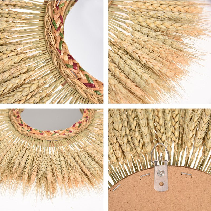 Wheat Creative Room Wall Hangings Rattan Mirror on Bedroom Wall