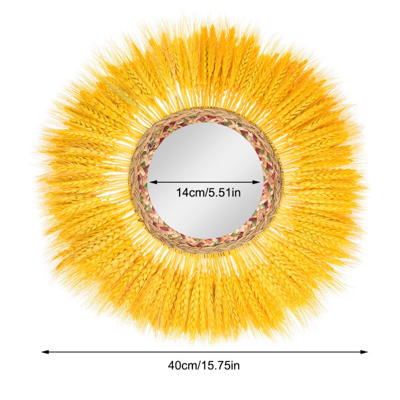 Yellow Wheat Creative Room Wall Hangings Rattan Mirror on Bedroom Wall