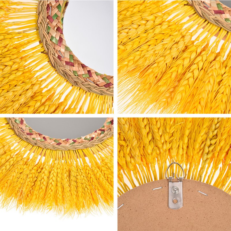 Yellow Wheat Creative Room Wall Hangings Rattan Mirror on Bedroom Wall