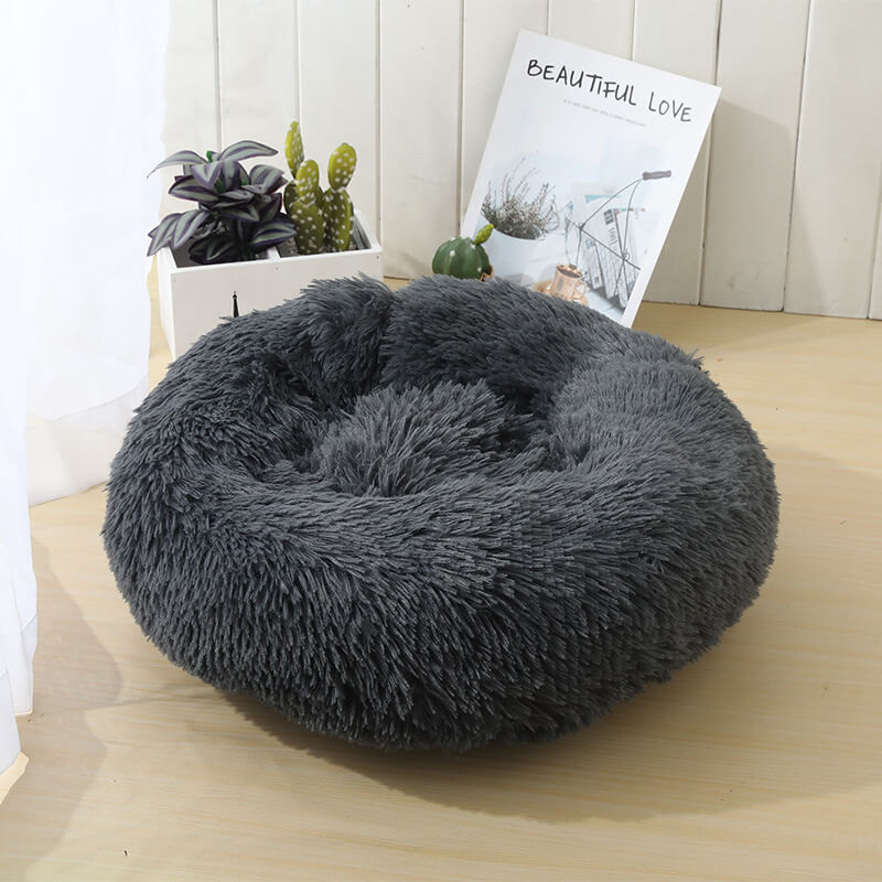Dark Gray Round Donuts Plush Pet Bed for Dogs & Cats, Fluffy Soft Warm Calming Bed Sleeping Kennel Nest