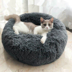Dark Gray Round Donuts Plush Pet Bed for Dogs & Cats, Fluffy Soft Warm Calming Bed Sleeping Kennel Nest