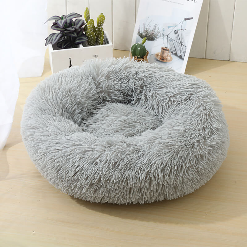 Light Gray The Original Calming Shag Fur Donut Cuddler Cat & Dog Bed