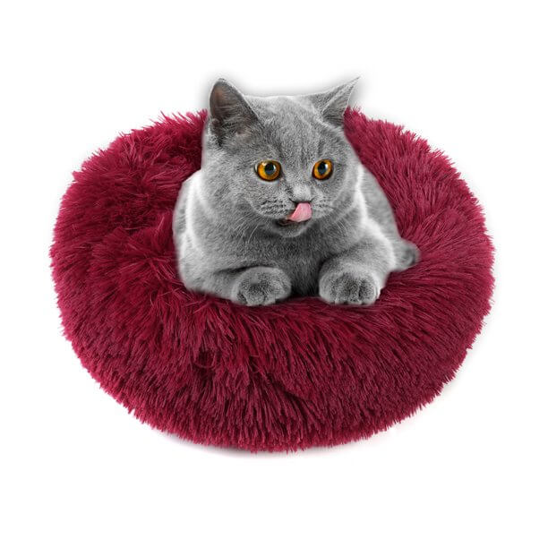 Wine Red Round Donuts Plush Pet Bed for Dogs & Cats , Fluffy Soft Warm Calming Bed Sleeping Kennel Nest