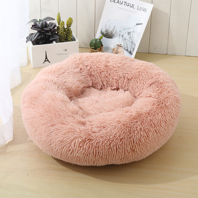 Round Pink Donuts Plush Pet Bed for Dogs & Cats , Fluffy Soft Warm Calming Sleeping Bed