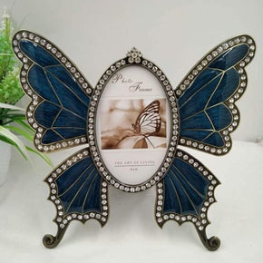 Rhinestone Decorated Ellipse Butterfly Design Vintage Metal Photo Frame Home Decor Desktop Picture Frame Table Top Frame