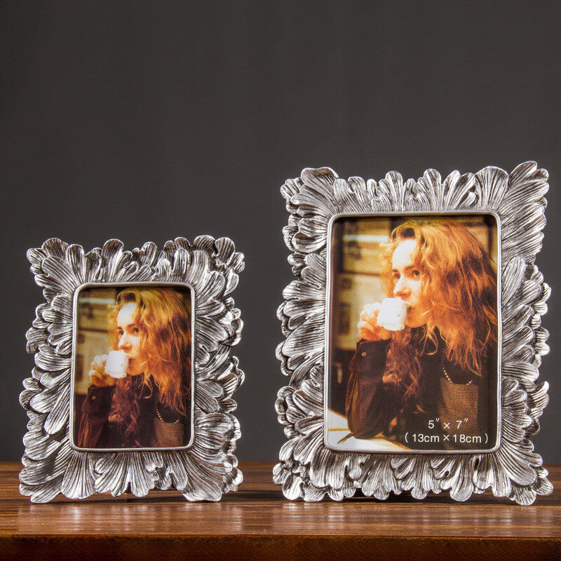 Silver Retro Palm Leaf Handmade Photo Frames Ornaments with High Definition Glass, Family Office Photo Studio Art Picture Frame for Tabletop Stand or Wall Hanging