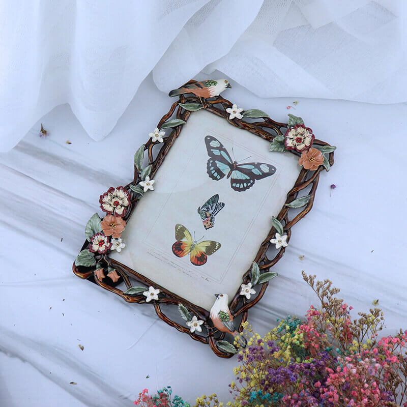 Flower Rattan and Birds Pattern Metal Photo Frames for Table Top Display Home Decor, Friends Gift