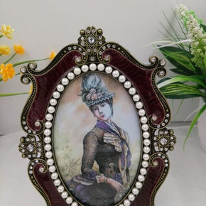 Red Brown Metal Ellipse Pearl Retro Antique Photo Frames for Wall Tabletop Desktop Frame Home Decor Display Pictures