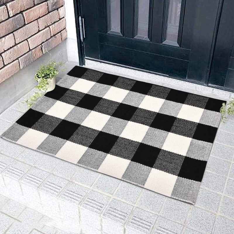 Cotton Washable Area Rugs Black and White Buffalo Check Rug Hand-Woven Lattice Plaid Floor Rugs Carpet for Living Room Bedroom