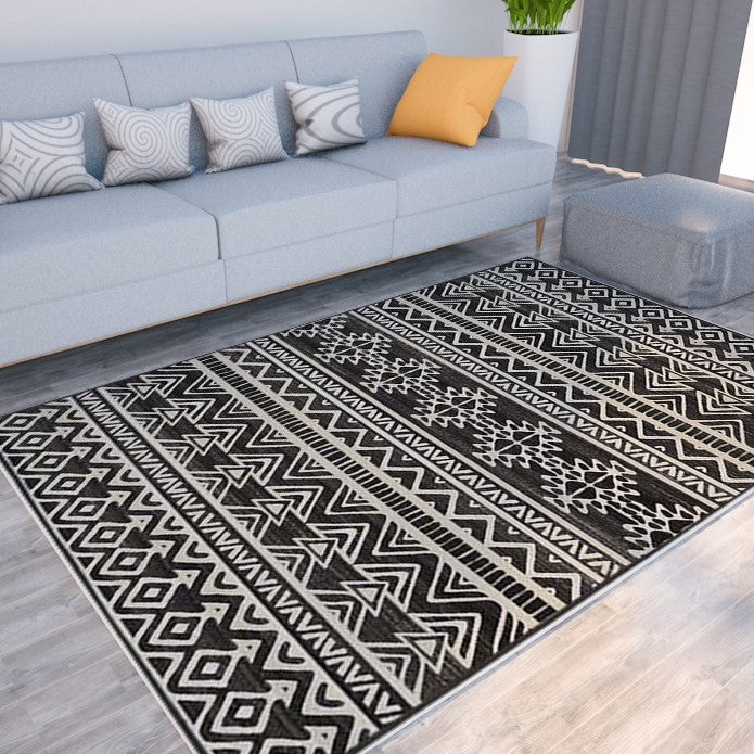 Modern Black Geometric Rugs for Living Room Bedroom Hall Office Machine Washable
