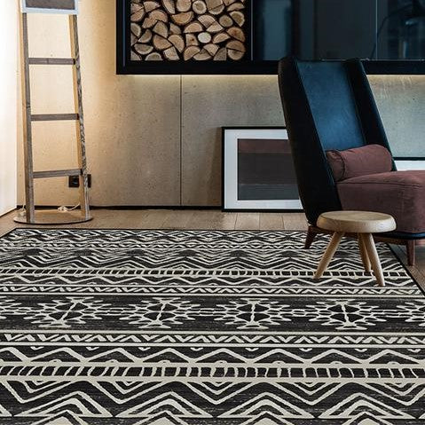 Modern Black Geometric Rugs for Living Room Bedroom Hall Office Machine Washable