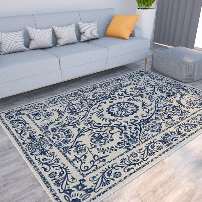 Blue Traditional Floral Rugs Runners for Living Room Bedroom Hall Office Machine Washable