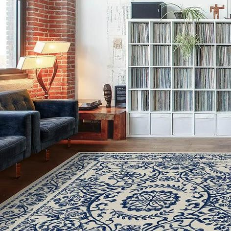 Blue Traditional Floral Rugs Runners for Living Room Bedroom Hall Office Machine Washable