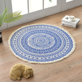 Blue Round Cotton Woven Rug Mandala Boho Floor Mat Living Room Bedroom Tasseled Foot Mat Yoga Cushion