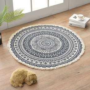 Black Round Cotton Woven Rug Mandala Boho Floor Mat Living Room Bedroom Tasseled Foot Mat Yoga Cushion